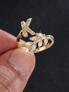 Women's Elegant Zirconia Initial Letters Design Wheat Shape Copper Ring, Fashionable Party Gift Jewelry Accessory for All-Season Wear