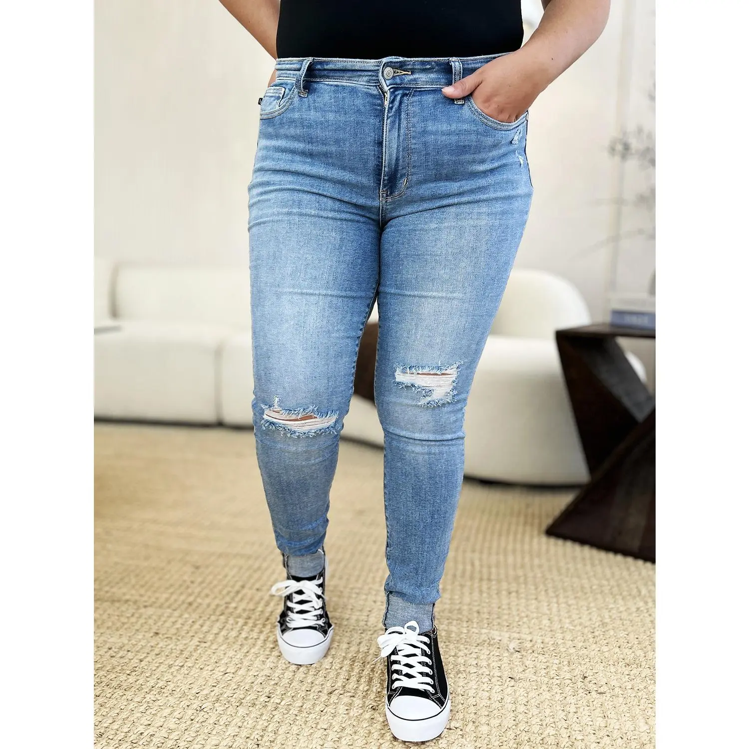 Judy Blue Mid Rise Destroy & Cuff Skinny Jeans - Distressed Detailing, Cuffed Hem, Moderate Stretch, 92% Cotton, All Seasons Wear, Casual Chic Fit, Machine Washable