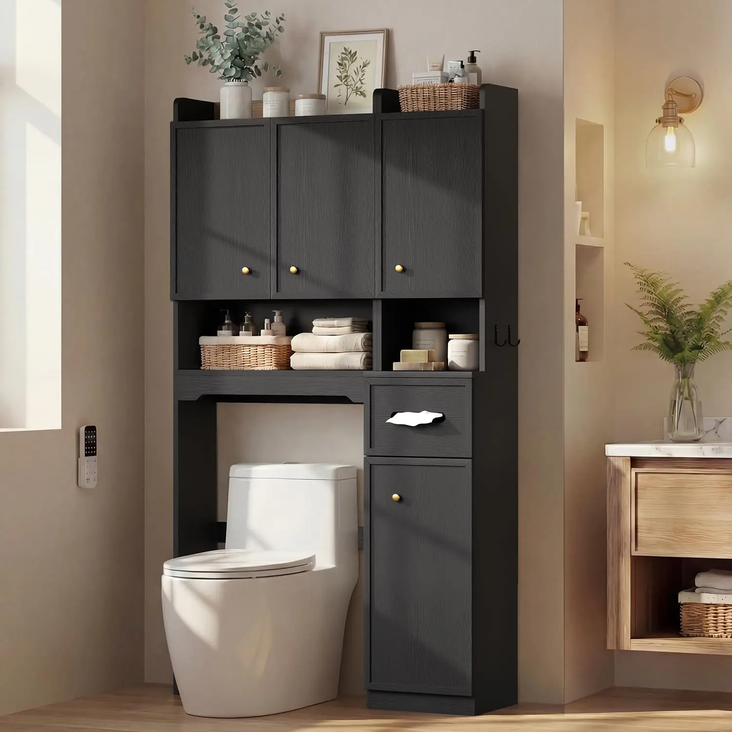 HAUOMS 7-Tier Over the Toilet Storage Cabinet with Doors - 2-in-1 Separable Tall Narrow Freestanding Bathroom Furniture, Adjustable Organizer Bathroom Furniture, Multi-Tiered Over the Toilet Organizer, Sealed Dry Box, Tissue Holder, Anti-Tip Design