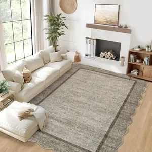 Solid Color Scalloped Rug Washable Border Carpet Non-slip Backing  for Bedrooms Dining Rooms Offices and Living Rooms