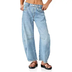 PiePieBuy Women's Vintage Boyfriend Jeans Baggy Wide Leg Denim Pants with Mid Rise Barrel Leg Ankle Length Loose Trouser Bottom Style Cute Blue Womenswear Casual Fit Fabric Pockets