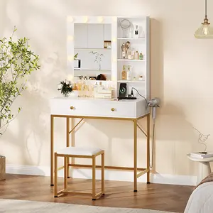 Makeup Vanity Desk, Vanity Table with Mirror and Lights, 3 Color Lighting, Adjustable Lighting, Charging Station, Upholstered Stool, Open Shelves, 2 Drawers, White and Gold Vanity, Bedroom Dressing Table