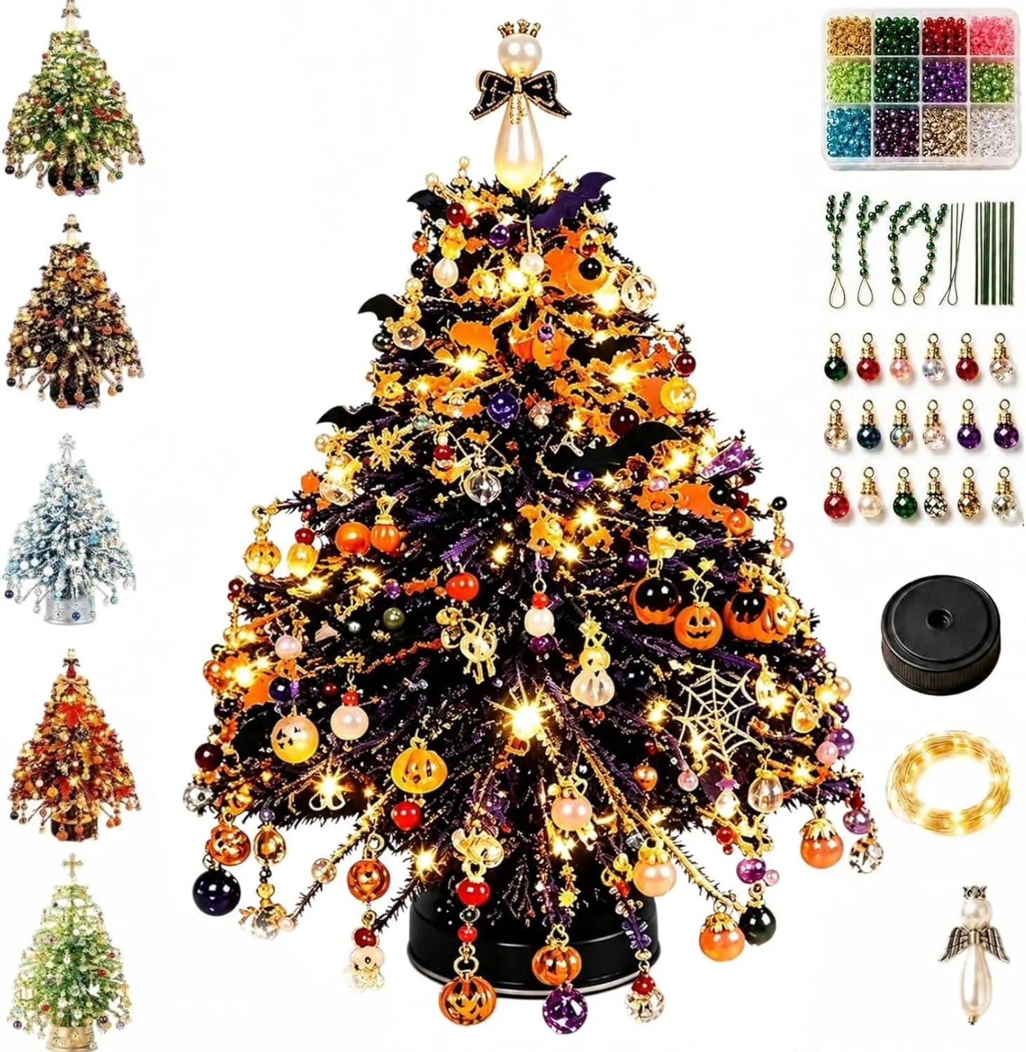 DIY Beaded Christmas Tree Kit, 3D Crystal Bead Pearl Christmas Tree Making Kit, Colorful Beads, Metal Frame, Angel Topper, Warm Glow Display, Holiday Tabletop Tree Decoration，Halloween Tree VybeVault Light Gift