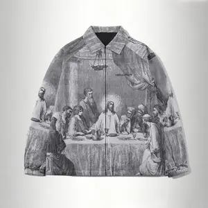 Men's spring and autumn Jesus jacket, American casual flip collar classic coat, regular fit stylish and comfortable versatile jacket, suitable for holiday wear Menswear Tops Long Sleeve Print