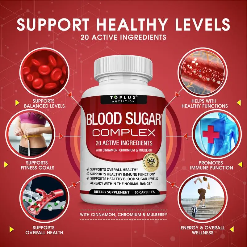 Toplux Blood Sugar Complex 20 Active Ingredients with Cinnamon, Chromium & Maltberry - 60 Capsules for Supporting Overall Health and Blood Sugar Levels - Fitness, Healthcare