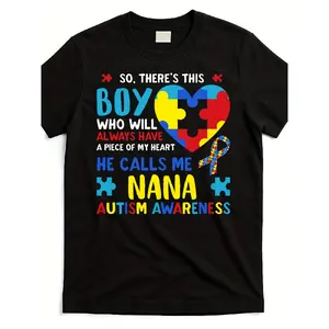 there's-this-boy-he-calls-me-nana-grandma-autism-awareness-t-shirtSame style for men and women 2025 summer short-sleeved printed T-shirt pure cotton, Advocacy Wear, Cause Merchandise, Unisex Fashion, Casual Printed Top, Lightweight Fabric