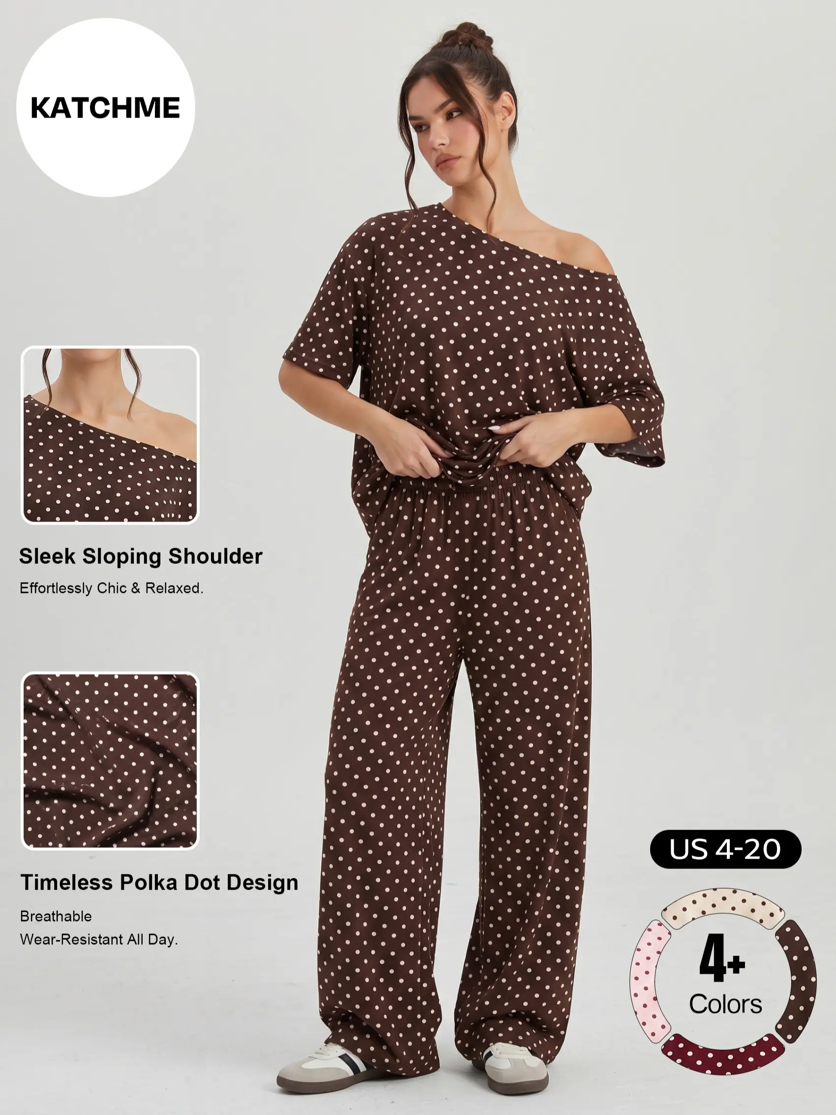 Katch Me Chic Women's Vibrant Polka Dot Sloping Shoulder Top & Wide Leg Trousers Co-ord, Breathable Loose Short Sleeve 2-Piece Set for Spring & Summer, Stretch Pill-Resistant Soft Daily Outfit #TikTokMadeMeBuyIt #SummerEssentials #MatchingOutfit