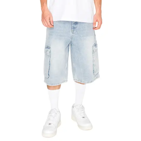 VICTORIOUS VAULT Men's Baggy Denim Cargo Shorts, Loose Oversized Streetwear Fit with Utility Pockets, 100% Cotton Below-the-Knee Length, Cargo Pockets, Long Jorts Men's Shorts, Zip Fly, Casual Jorts, Extreme Baggy Men's Shorts