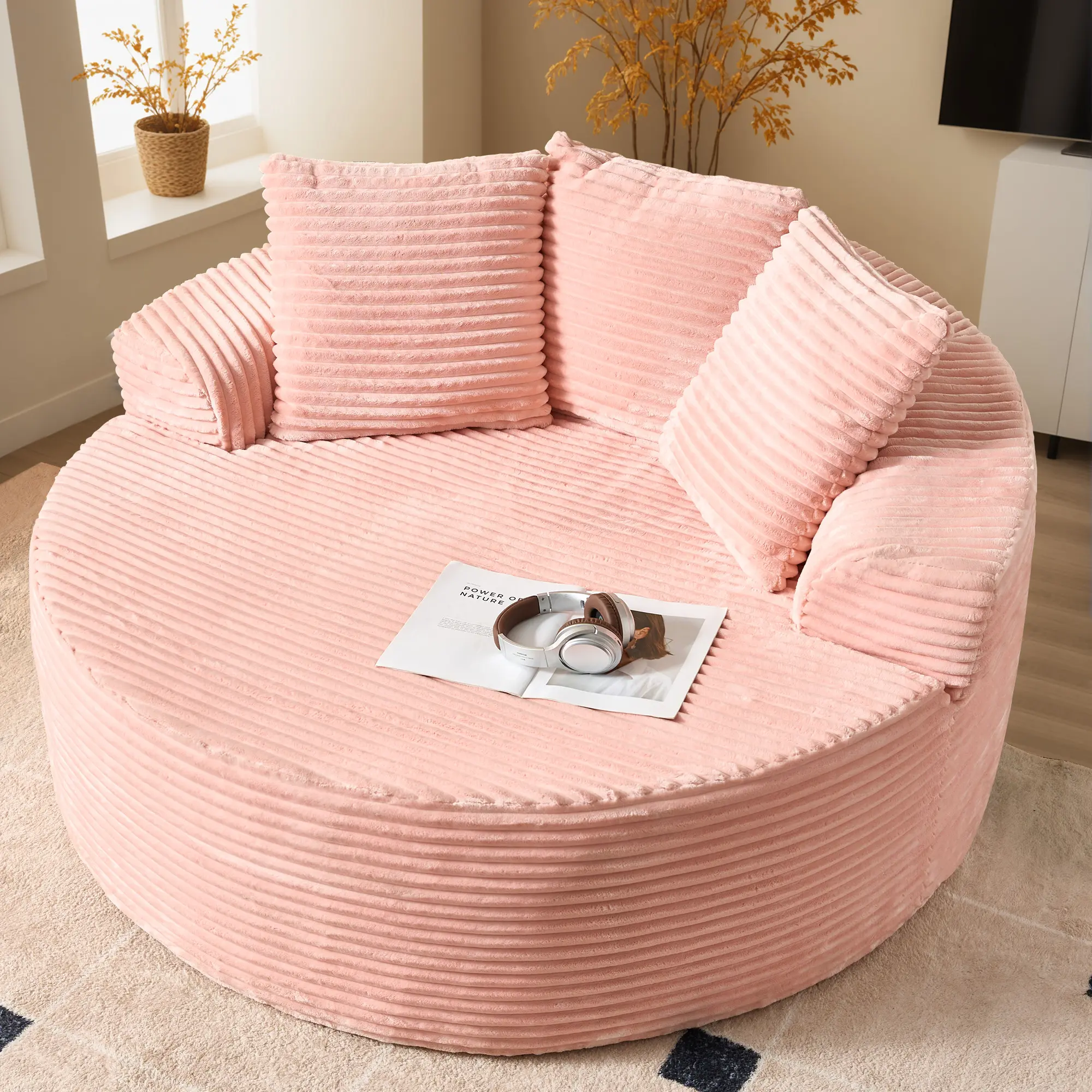 Viral Cloud Couch Round Chair Lounge Chaise For Living Room, Boneless Sofa No Assembly Required, Cloud Large Circle Chair with Plush Fuax Fur, Fluffy Modern Sleeper Sofa Bed for Reading Yoga,Pink