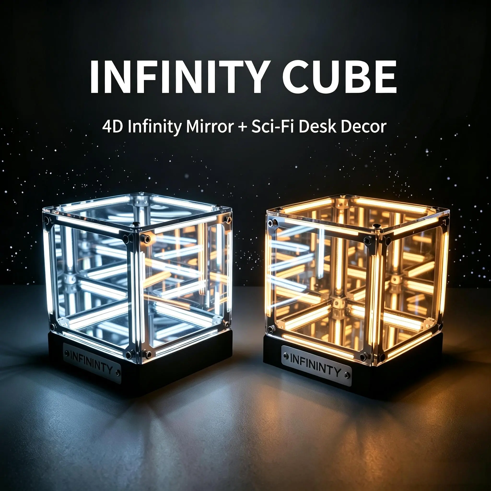 Luxury Infinity Mirror Cube Desk Lamp, 4D Illusion LED Night Light with Infinite Depth, Modern Desk Decor & Coffee Table, Office, Home Bedroom summervibes