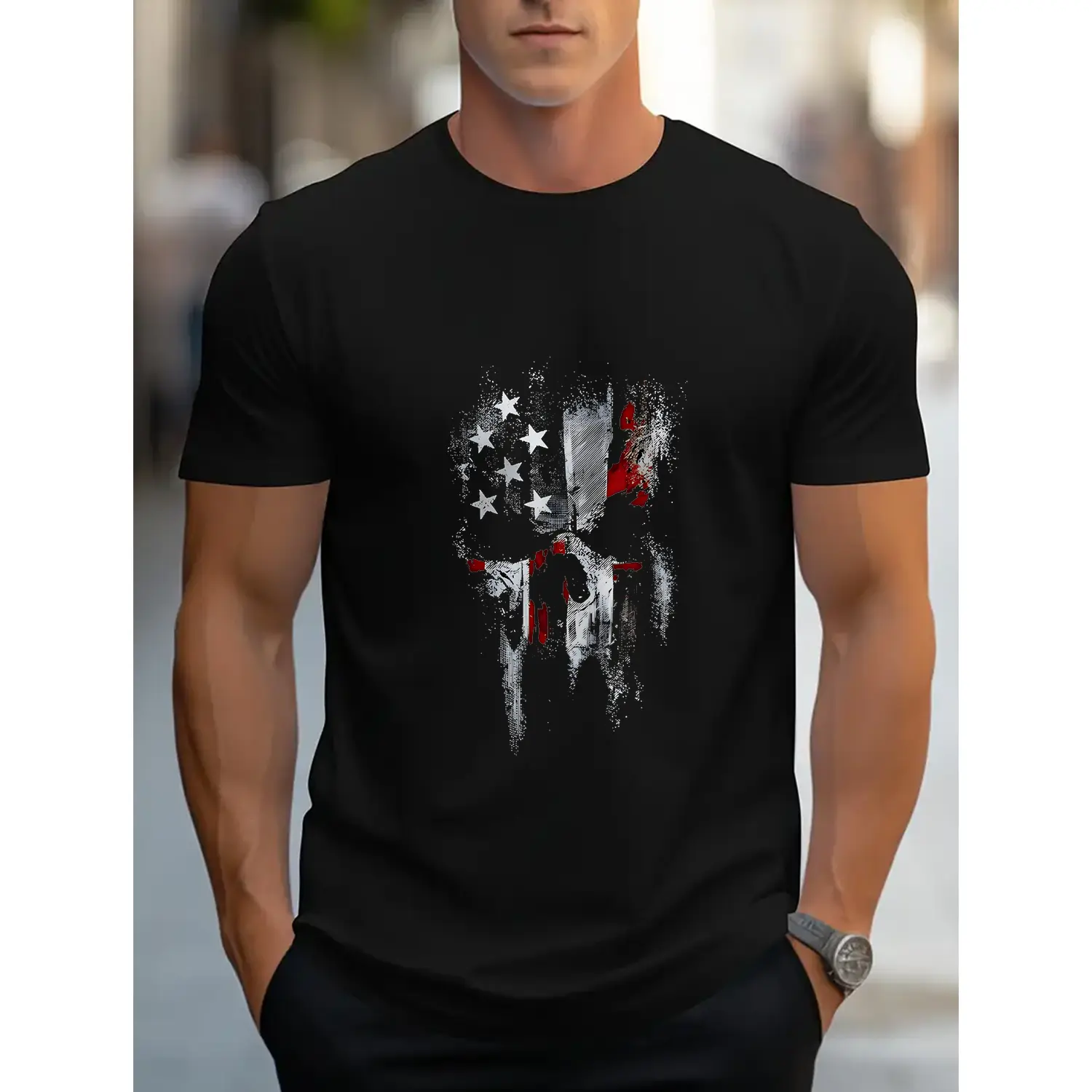 Men's Patriotic Skull Flag Print T-Shirt, Casual Shortsleeve Cotton Graphic Tee for Streetwear, Lightweight and Breathable, Casual Street Fashion, Menswear, Cotton Top