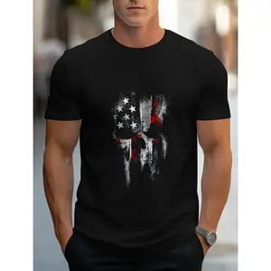 Men's Patriotic Skull USA Flag 3D Print Cotton T-Shirt - Menswear Round Neck Short-Sleeve Regular-Fit Sporty Sports Tops, Machine-Washable Casual Streetwear for Holidays, Cool Gift for Men