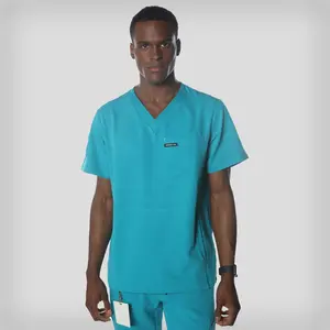 Manchester Men's Scrub Top Plain Polyester Modern V-Neck 3-Pocket Shirt Fabric Menswear