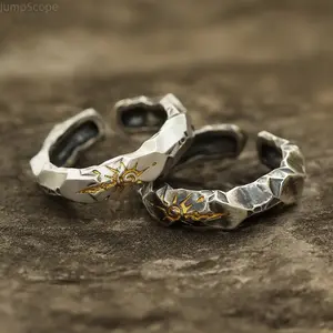 Sun Wishing Stone Open Ring Set Adjustable Textured Silver Tone Rings for Men Women Retro Gothic Couple Jewelry