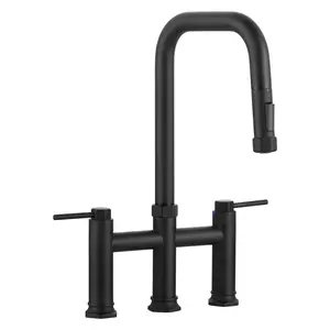 WOWOW 3-Hole 8 in. Double Handle Brass & SS Bridge Kitchen Faucet, Curved Spout, 2-Mode Pull-Down Spray, Faucet Sprayer Attachment, Included Supply Lines, Matte Black