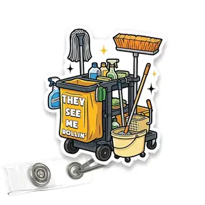 They See Me Rollin Badge Reel, Funny EVS Housekeeper Cart Acrylic Retractable ID Holder with Clip, Cleaning Crew Gift for Hospital Staff 7PQY G1K