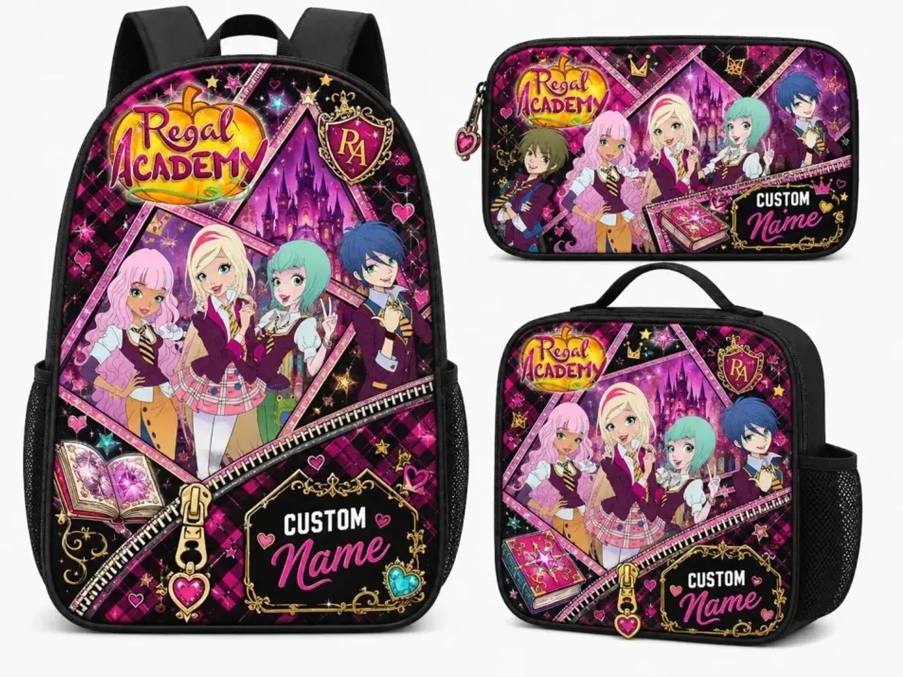 Custom Name Y2K Doll Princess Backpack Set, 3-Piece Royal Fairytale Academy School Bag with Matching Insulated Lunch Bag and Pencil Case for Girls