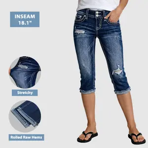 Flamingals Ripped Roll Hem Dual Button Mid Rise Mid Rise Capri Skinny Jeans Womenswear Stretchy 18.1" Inseam