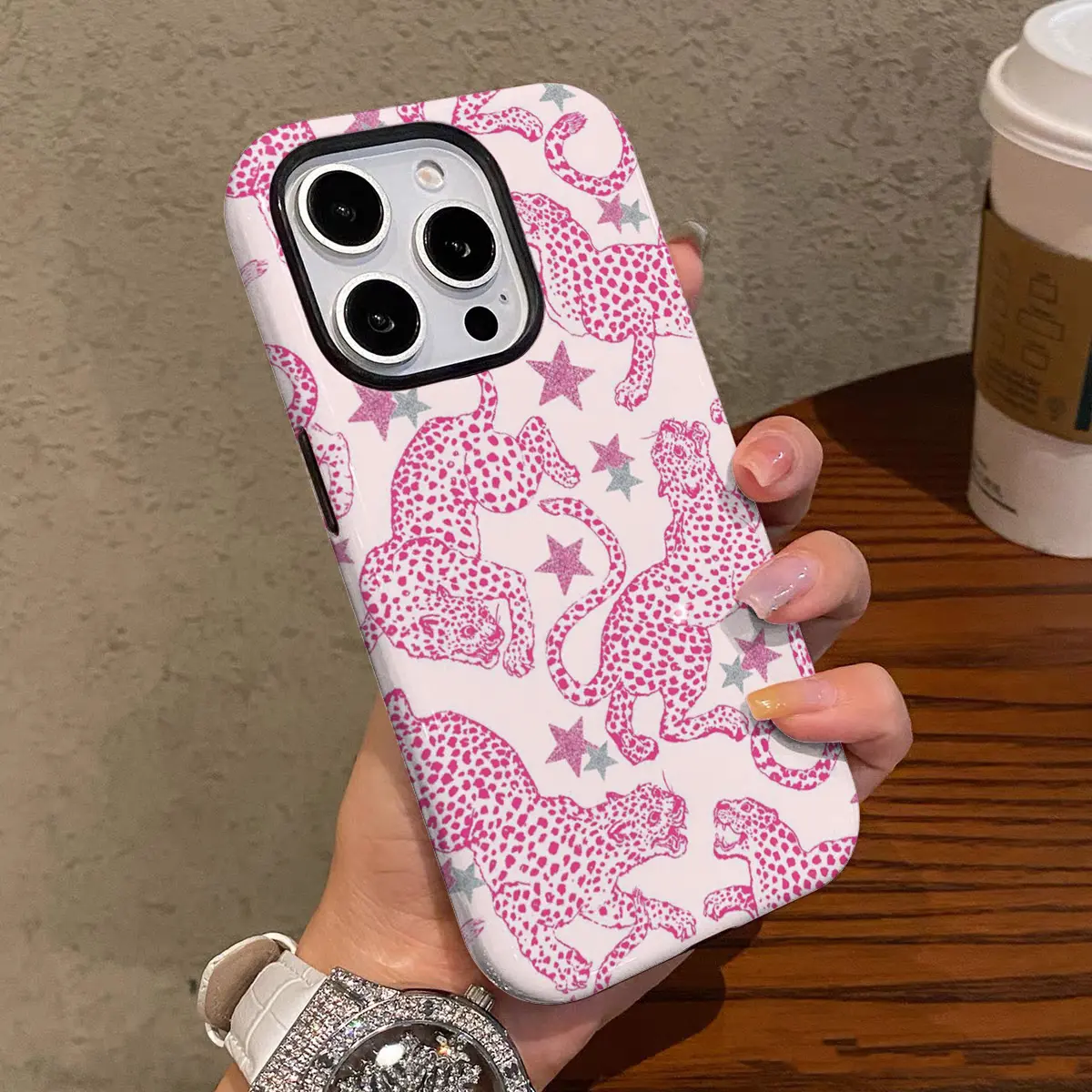 Stylish and unique leopard and star pattern, durable and shockproof glossy two-in-one phone case, suitable for iPhone 17, 16, 15, 14, 13, 12, 11, X, Samsung and other series models. It makes a great holiday gift for friends or family.