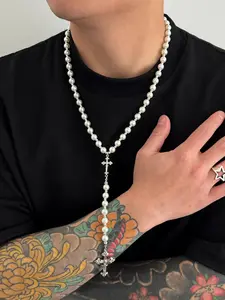 American Vintage Cross Pearl Y-Shape Necklace, Antique Silver Color Pendant, Hip-Hop Men's Accessory, Subculture Fashion Jewelry