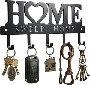 WIPHANY Entryway Wall Key Holder with 5 Hooks, Metal Key Rack Wall Mount for Keys, Bags and Leashes, Decorative Organizer for Entryway, Mudroom or Hallway, Sweet Home Design, 9.8 Inches, Black