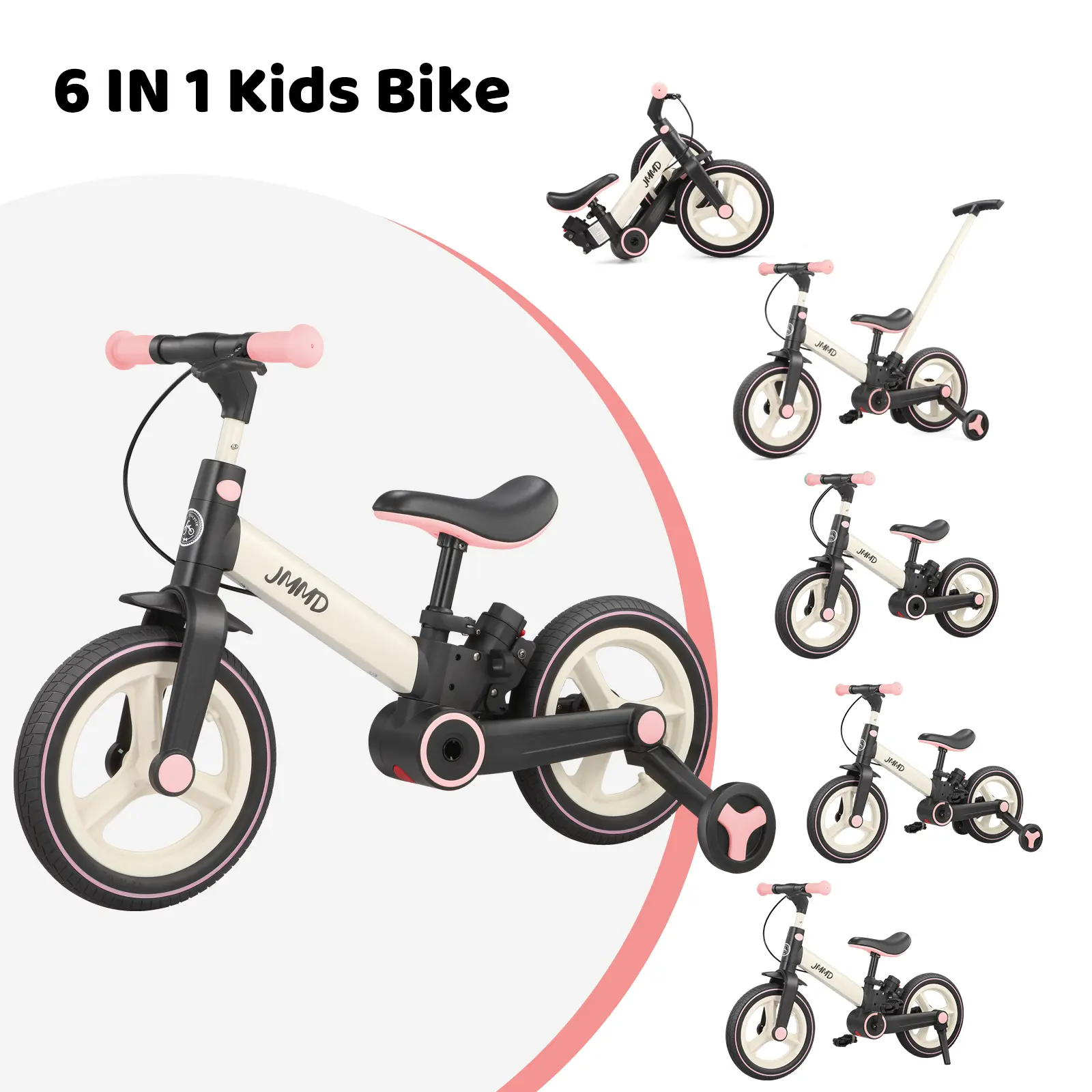 【Fall Deals】JMMD 6-in-1 Multi-Functional Children's Bicycle for 18-60M Toddlers, Foldable Pedal-Powered Balance Bike with Training Wheels, Push Handle, Brakes, Kickstand, Ride-On Toy Gift for Boys & Girls, Childrens Bicycle, Foldable Kids' Bikes