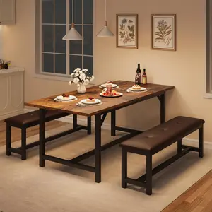 Brown Dining Room Table Set for 4-6, 63" Extendable Dining Table Set for 6, Kitchen Table with 2 Upholstered Benches, Dining Room Extendable Table Set for Small Space, Apartment, Rustic Brown