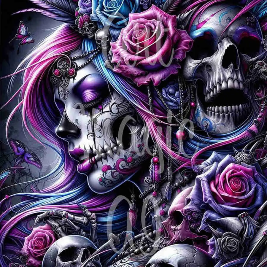 Gothic Sugar Skull Woman with Pink Blue Hair Roses & Skulls 5D Full Drill Diamond Pattern Design Diamond Painting Kit Day of the Dead Fantasy Art DIY Cross Stitch Mosaic Craft Edgy Home Wall Decor Handmade Gift for Goth & Tattoo Lovers