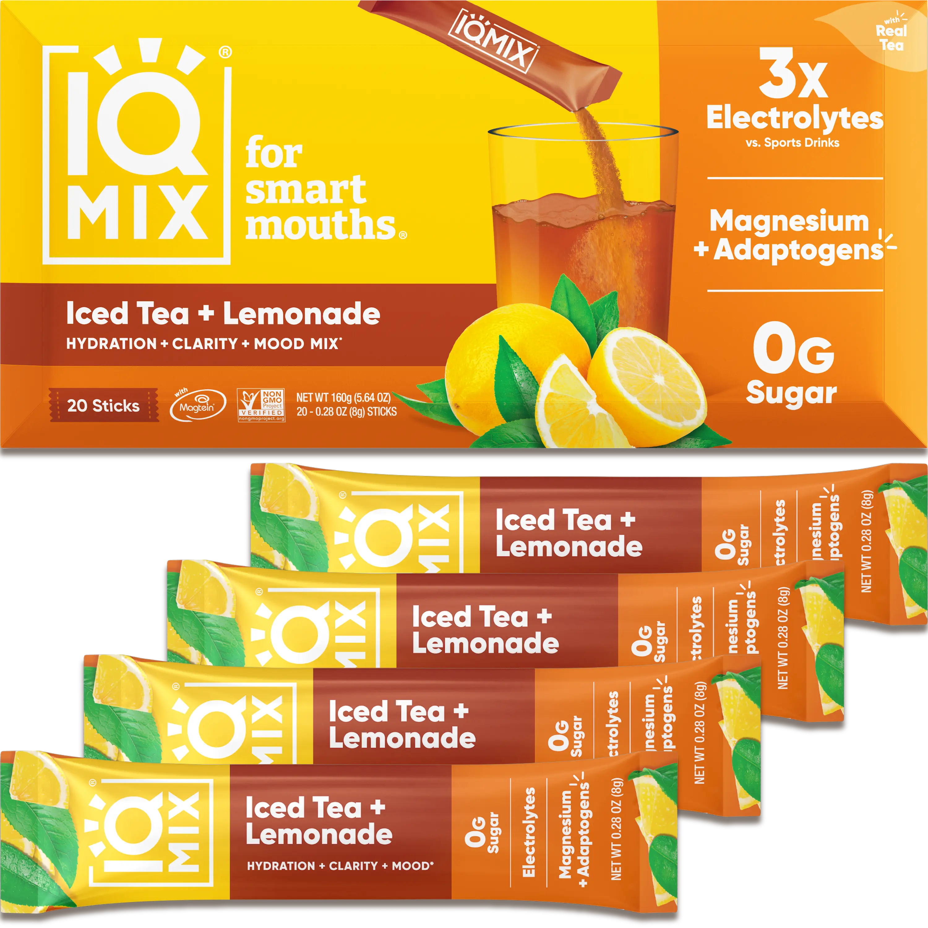 IQMIX Hydration Electrolyte Powder – Iced Tea + Lemonade – 20 Sticks – 4-in-1 Formula for Hydration, Mental Clarity, Mood and Recovery – Sugar-Free Drink Mix, Magnesium L-Threonate, Lion’s Mane