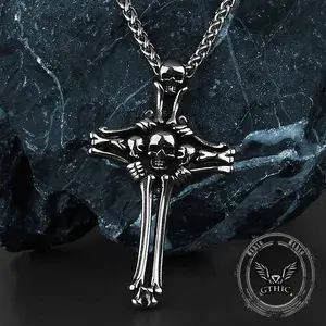 GTHIC Gothic Bone Skull Stainless Steel Cross Pendant Bold Punk Gift for Men Women Charms Birthday Gift