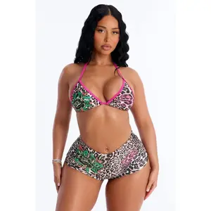 Ed Hardy Leopard Rhinestones Boyshort 2 Piece Bikini - Brown/combo