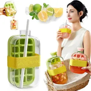 Ice Cube Bottle with Zero-Touch Press – 2-in-1 Water Bottle & Ice Cube Tray, Easy-Release Ice Mold Cup for Freezer, Cool Summer Ice Press Bottle (Green, 800ml)