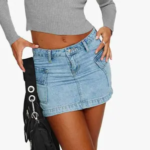 [Clearance] Genleck Women's Low Waisted Cargo Denim Mini Skirt with Flap Pockets - Y2K Style A-Line Short Skirt