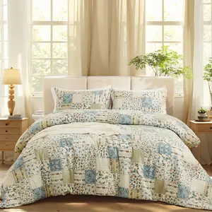 Vintage Floral Comforter Set Queen 100% Cotton Blue Patchwork Bedding Comforter Sets All Season 3 Pieces Shabby Chic Breathable Soft Comforter(Blue Patchwork, Queen)