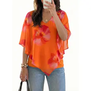 Dokotoo Womens Summer V Neck Tops Double Layered Boho Printed Chiffon Poncho Top Batwing Sleeve Shirts Beach Vacation Outfits