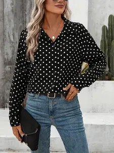 One women's black polka dot button-down long-sleeved Woven Loose Blouses shirt, with a retro French style, featuring a sweet look, suitable for both casual and formal wear in Spring.