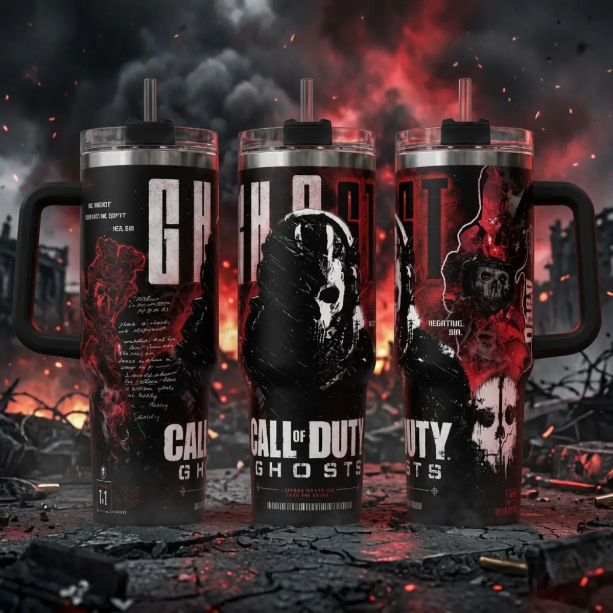 Call Of Duty Ghosts Insulated Tumbler, 40oz Handle Cup, COD Simon Riley Inspired, Double Wall Tactical Red-Black Graphic Mug, "Legends Never Die They Go Ghost" Stainless Steel Tumblers, Fan Gift For Fire Gamer vacuum flask lid