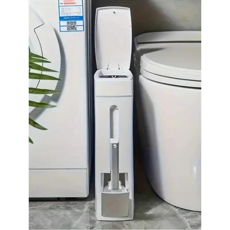 Slim Space Saving Bathroom Trash Can Waste Bin with Lid and Toilet Brush Holder Cleaning Perfect for Narrow Bathrooms Ideal Storage Solution Bathroom Organization Garbage Can Bathroom