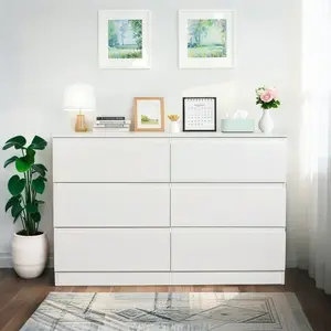 6 Drawer White/Black Dresser Modern MDF Storage Cabinet with Concealed Handles & Spacious Countertop for Bedroom Living Room Entryway 15.7" D x 47.2" W x 30.9" H