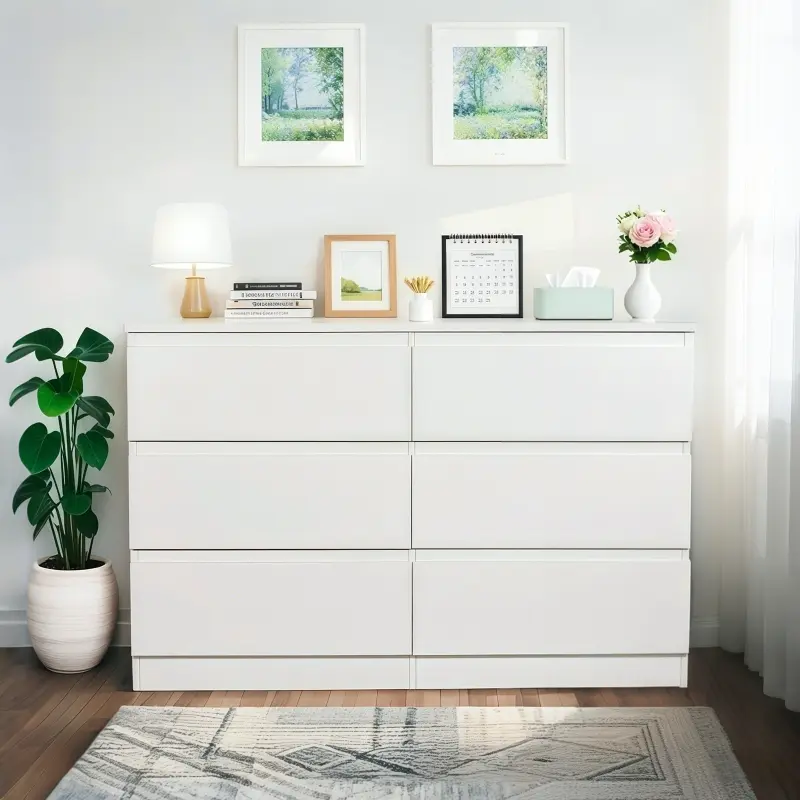 Bellemave Modern Glam 6-Drawer MDF Dresser, Chest of Drawers, Clothing Storage Cabinet with Concealed Handles & Spacious Countertop, 15.7" D x 47.2" W x 30.9" H for Bedroom, Living Room, Drawers Makeup Vanities