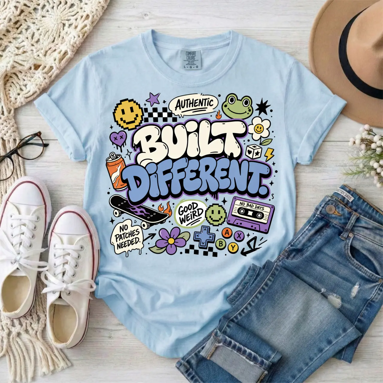 Built Different Graphic T-Shirt — Retro Sticker-Style Positive Tee