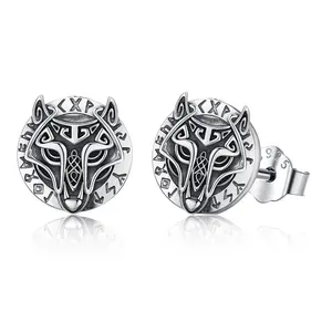 Sebina Viking Wolf Head Stud Earrings S925 Silver Norse Rune - Engraved Jewelry for Anniversary Birthday Gifting to Him/Her sterling silver earring