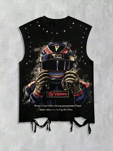 Men's Vintage Racing Helmet Graphic Tank Top, Street Motorcycle Style Ripped Design, Summer Casual Fitted Tee, Trendy Sportswear