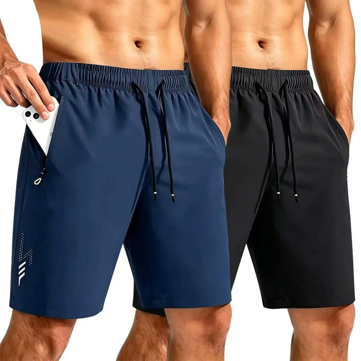 TOOTD Selection Men’s 2-Piece Slim-Fit Colorblock Drawstring Active Shorts Set - 7" Inseam, Quick-Dry, Lightweight, Zipper Pockets, 150 g/sm², for Junior & Universal Everyday Fitness, Sizes 28½–34½