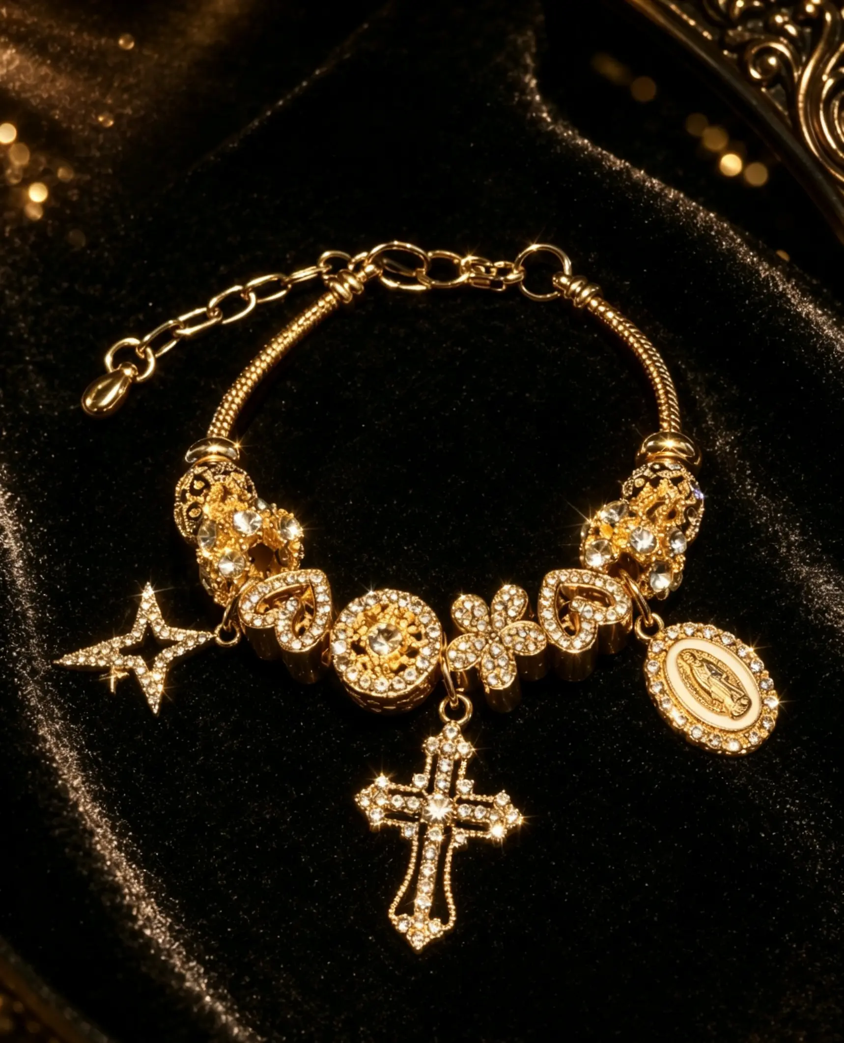 Vintage Gold Tone Cross Charm Beaded Bracelet, Rhinestone Star Heart Virgin Mary Pendant Snake Chain Bracelet