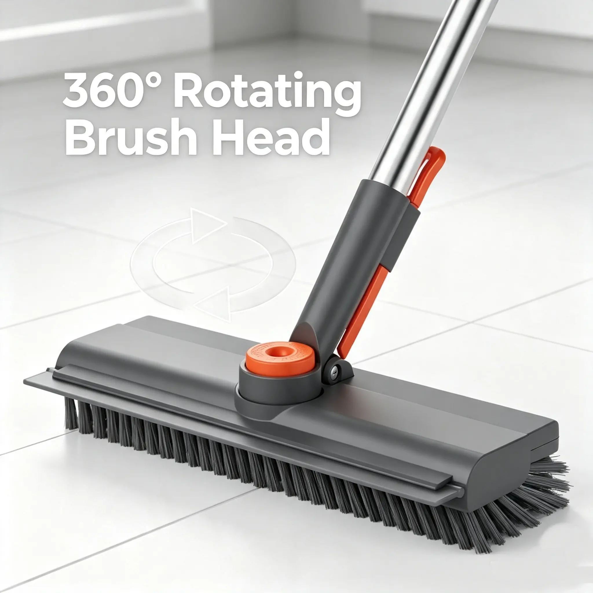 AIR UMulti-Purpose Long Handle Scrub Brush，3-in-1 Adjustable Long Handle Floor Brush,Stiff Bristles and Silicone Squeegee, 360° Rotating & Click-Lock, 4 Rods for 3 Lengths, 45° No-Bend Ergonomic Design,for Bathroom, Glass, Garage, Kitchen & Pool