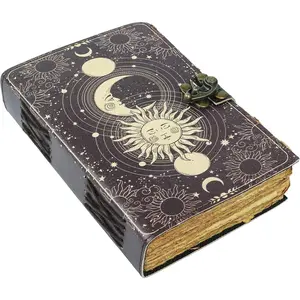 Sun & Moon Vintage Leather Journal for Men & Women 200 Pages of Antique Handmade Deckle Edge Vintage Paper, Leather Sketchbook, Drawing Journal, Printed Antique Leather Journals,  Gift (7 x 5)