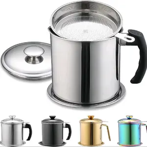 Stainless Steel Oil Pot with Filter – Grease Container with Lid, Tray & Strainer for Cooking Oil & Bacon Fat Storage, Reusable Kitchen Dispenser Cover Utensils Silver