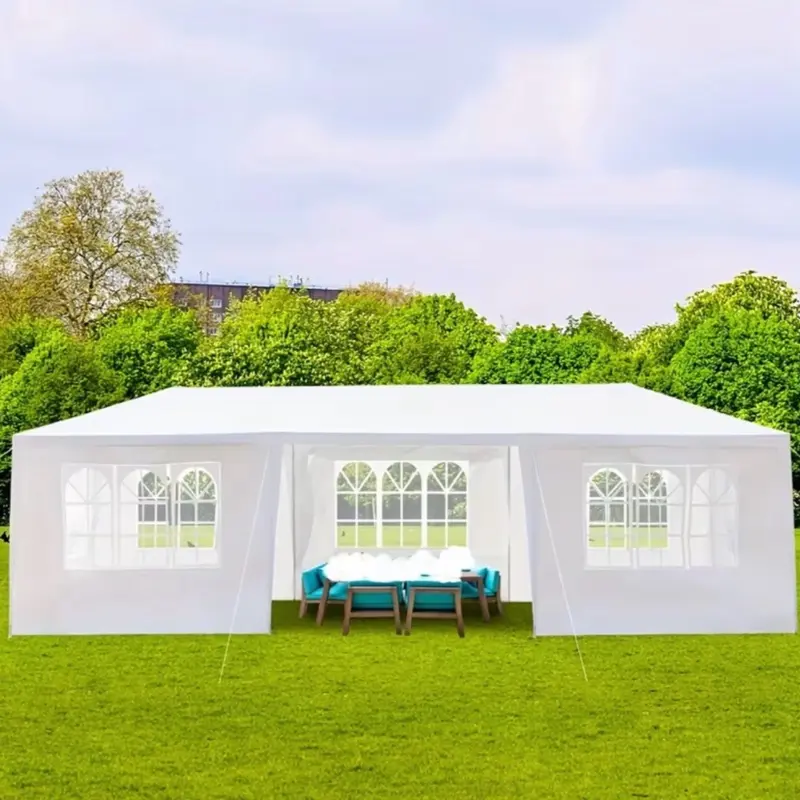 10×30ft White 8-Sided Double-Door Awning, Iron & PE Cloth Construction, Multi-Purpose Carport & Storage Solution for Courtyards