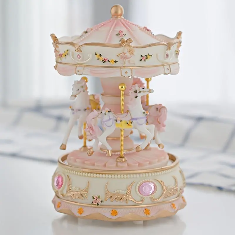 Whimsical Carousel Design Music Box with Color-changing LED Lights - Decorative Desk Decor, Girl Room Accent, Whimsical Room Piece, Gift Idea for Girls (Battery Required, No Battery Included)